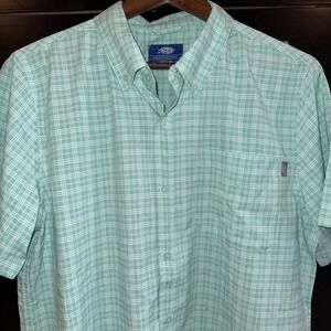 AFTCO Shirt Men's Medium Ocean Wave Plaid Dorsal Short Sleeve Fishing NWT